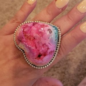 LARGE REAL STONE DRUZY HEART RING SIZE 8